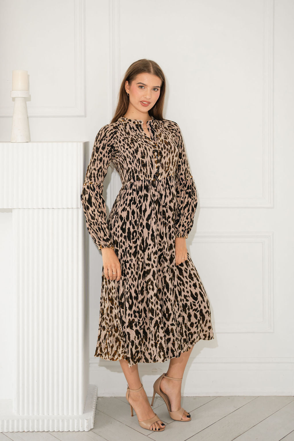 Animal Print Smocked Full Sleeve dress