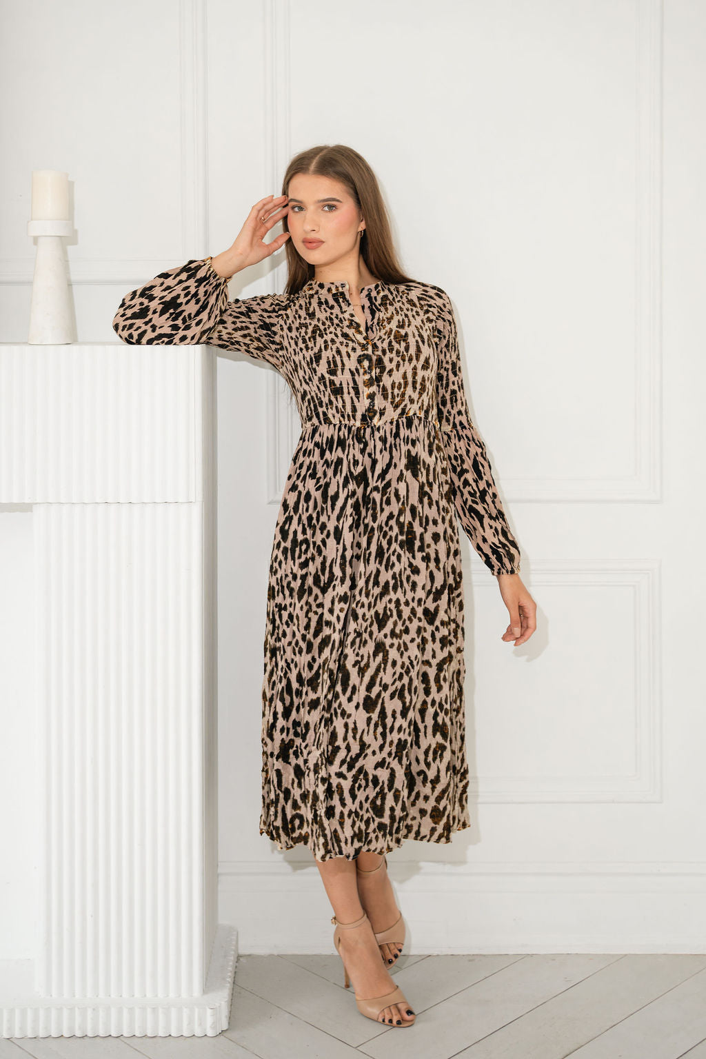 Animal Print Smocked Full Sleeve dress