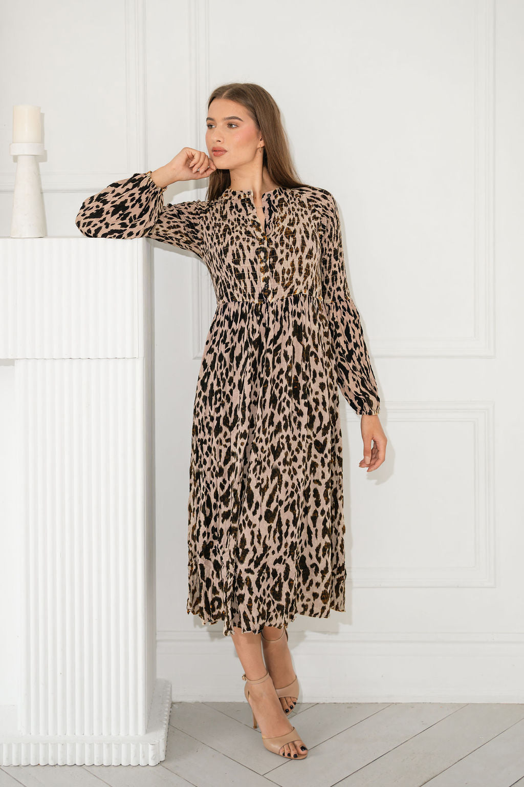 Animal Print Smocked Full Sleeve dress